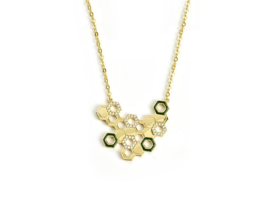 Honeycomb Necklace - gold plated sterling silver, dark green enamel and white zirconia necklace