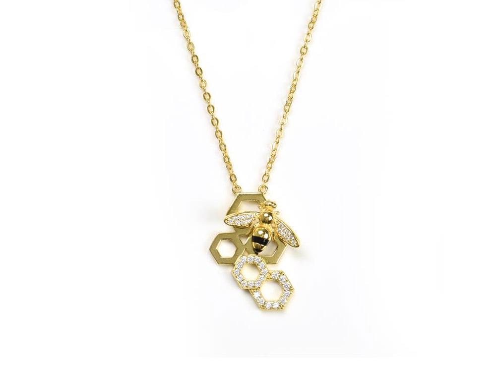 Honeycomb & Bee Necklace - gold plated sterling silver necklace with enamel and zirconia honeycomb and bee