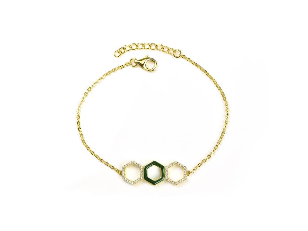 Honeycomb Bracelet- gold plated sterling silver, dark green enamel and white zirconia earrings