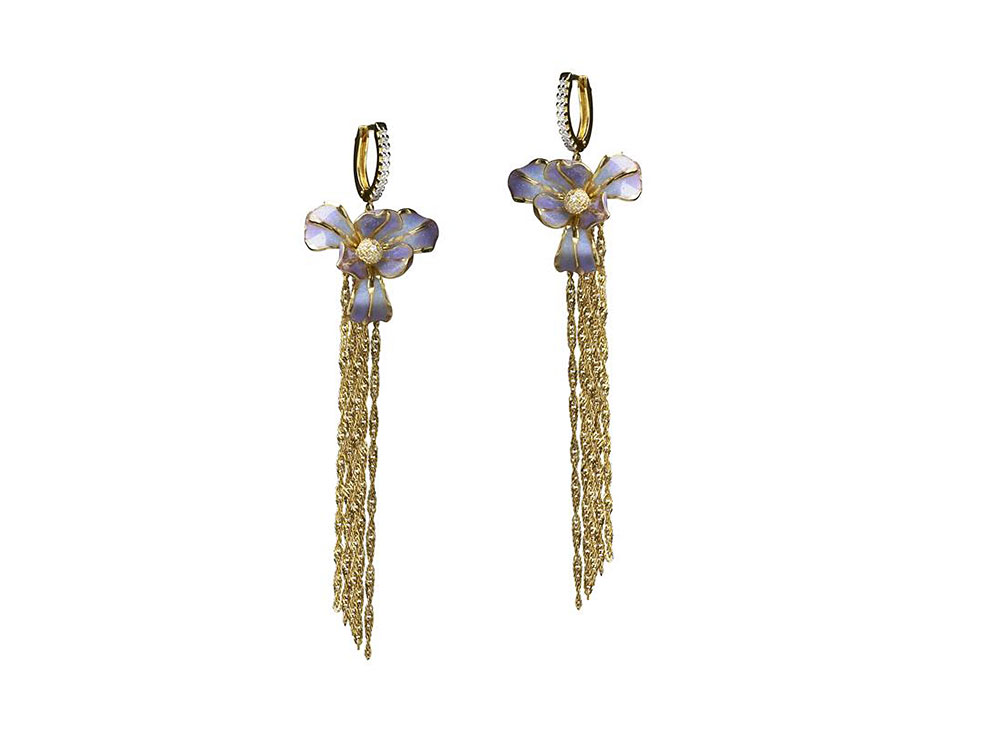Iris Long Earrings - Elegant earrings with enamel irises