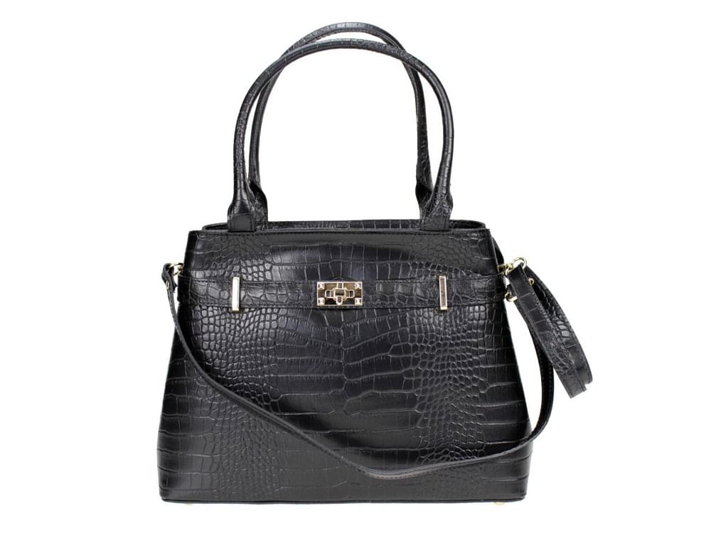 Manzana - fairly large, reptile print leather handbag - front view with shoulder strap attached