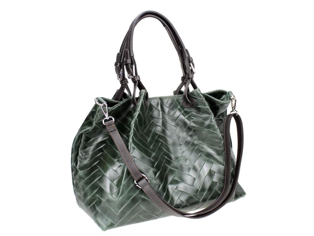 Delia (bottle green) - Large, lightweight, shiny leather shoulder bag