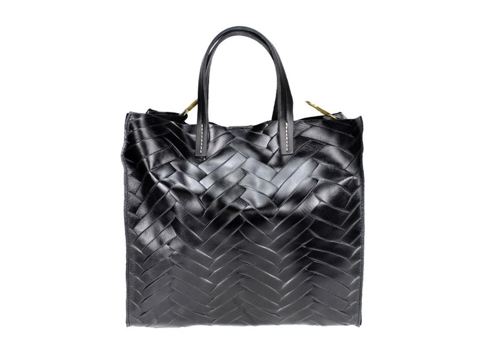 Nola (black) - Woven, shiny leather shopper style bag with matching cosmetic bag