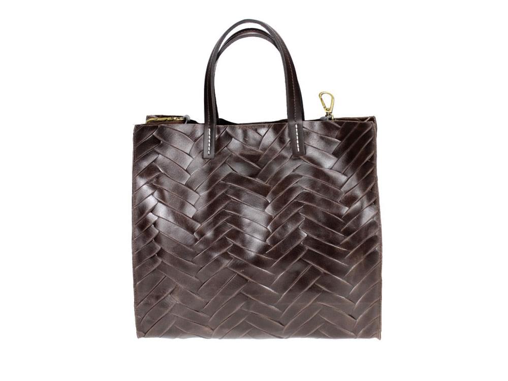 Nola (dark brown) - Woven, shiny leather shopper style bag with matching cosmetic bag