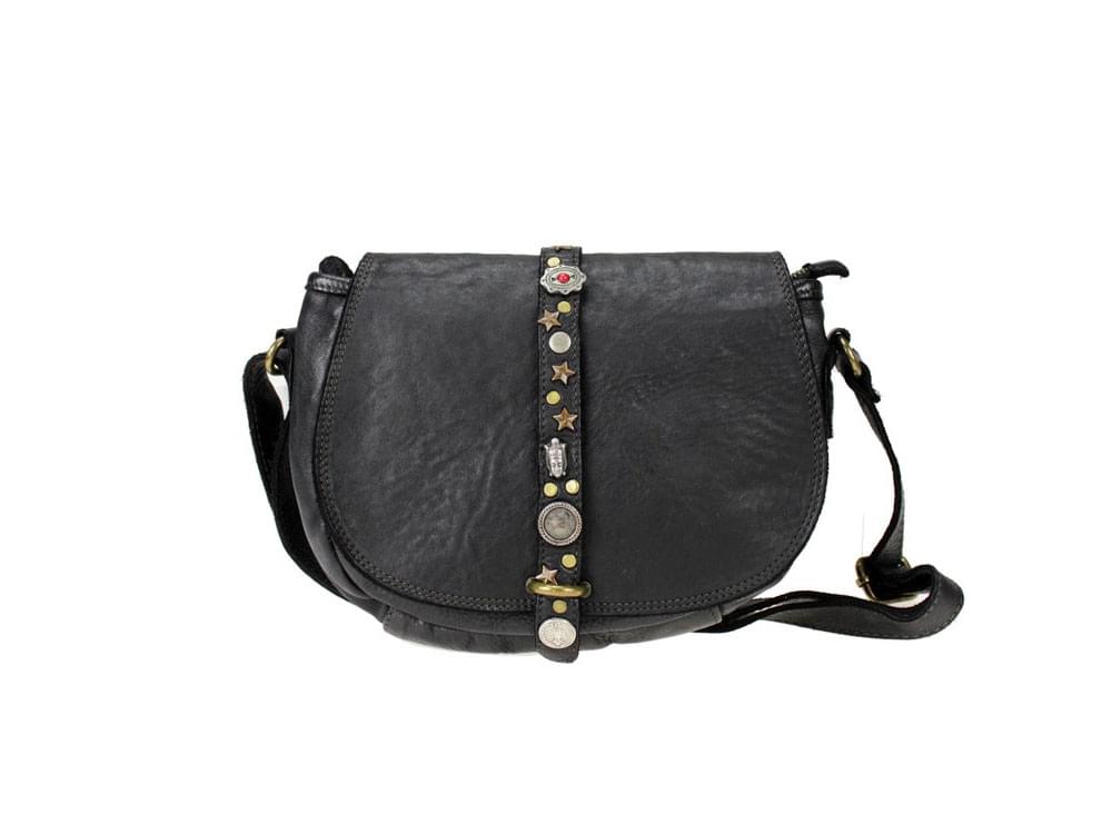 Varna (black) - Decorative, vintage style leather shoulder bag