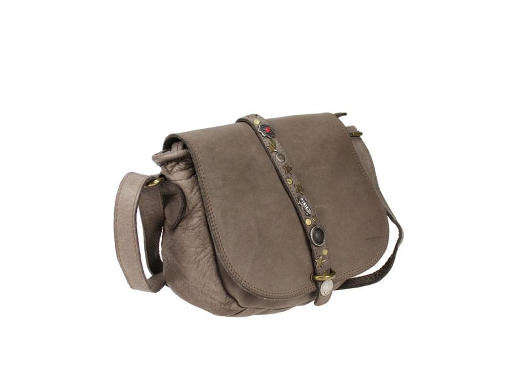 Varna (taupe) - Decorative, vintage style leather shoulder bag