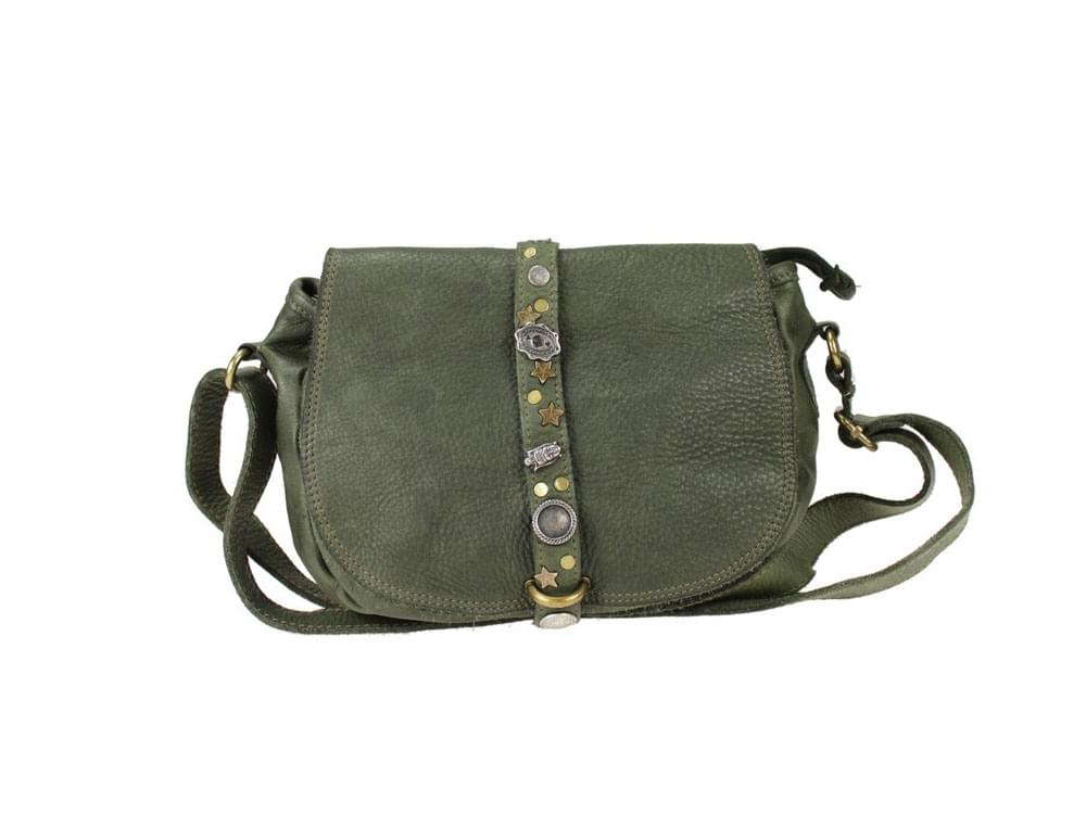 Varna (sage) - Decorative, vintage style leather shoulder bag