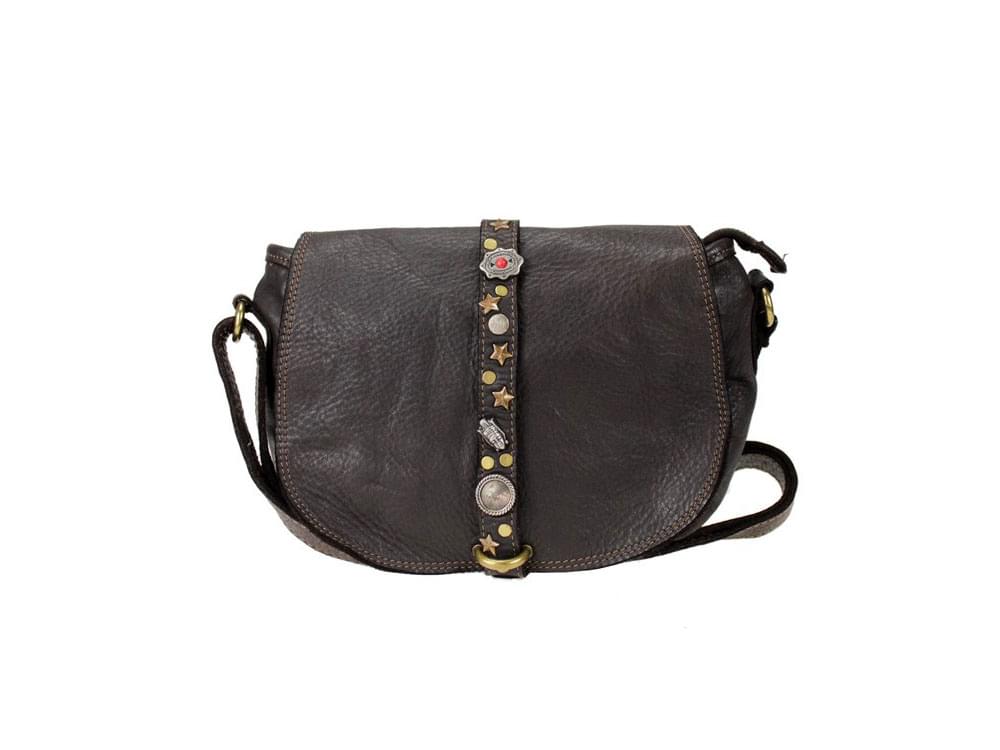 Varna (dark brown) - Decorative, vintage style leather shoulder bag