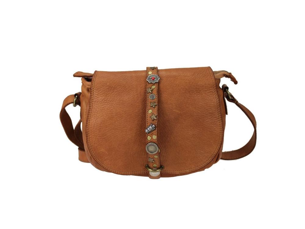 Varna (tan) - Decorative, vintage style leather shoulder bag