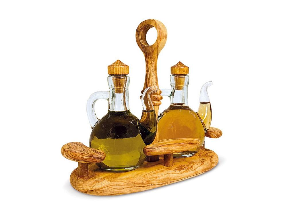 Oil & vinegar bottles in an olive wood stand
