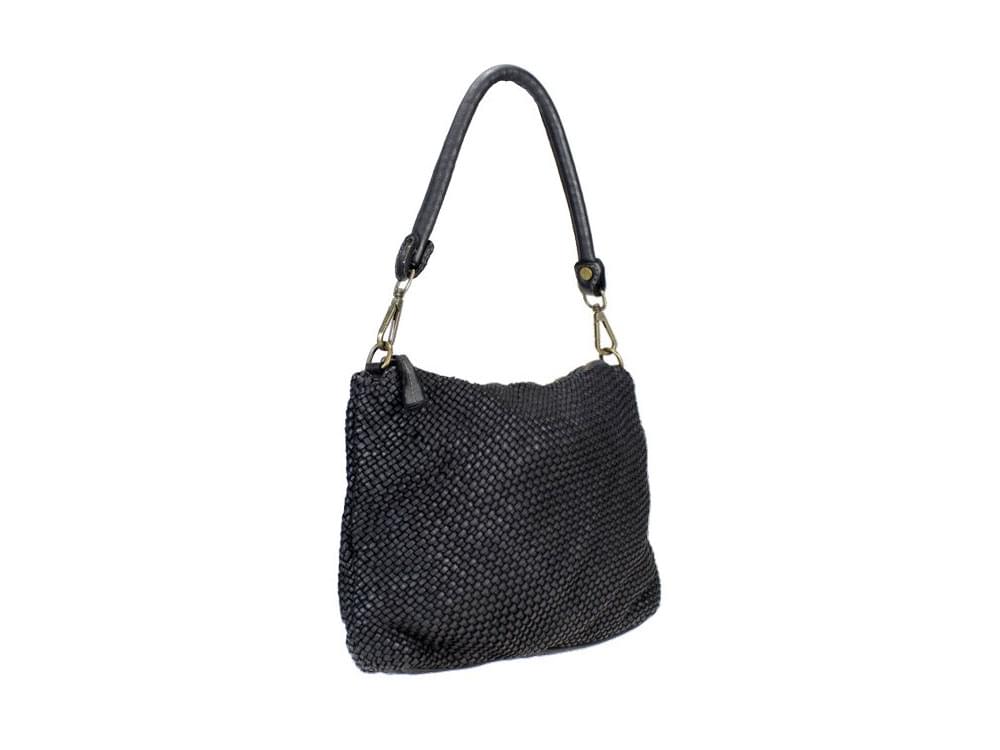 Marsala (black) - Woven Italian calf leather compact handbag