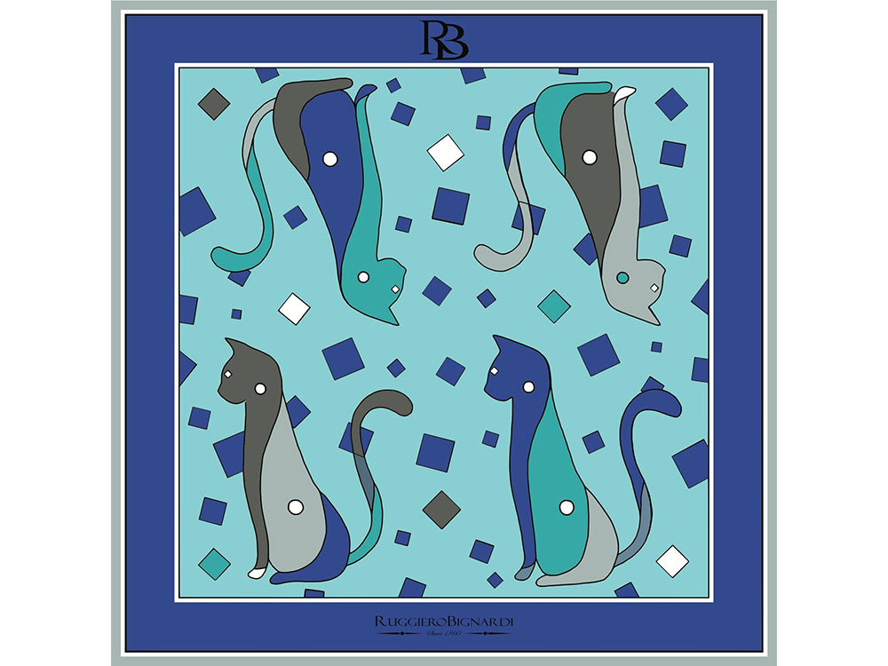 Curiosity (blue) - Limited edition silk scarf with artistic cat design