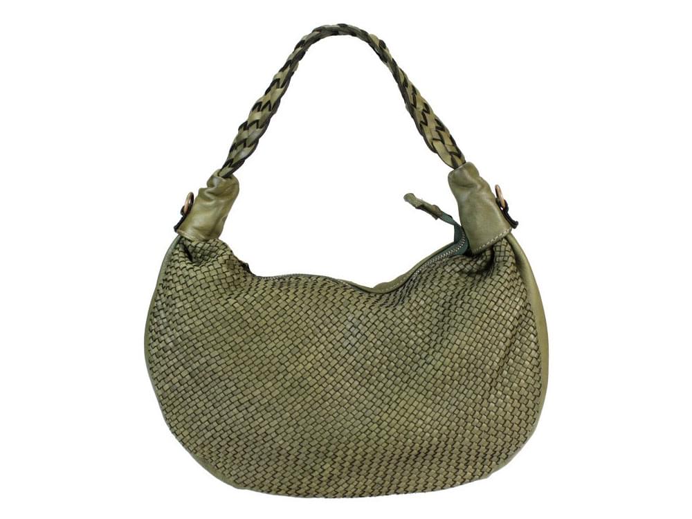 Pretty, crescent shaped, woven leather handbag