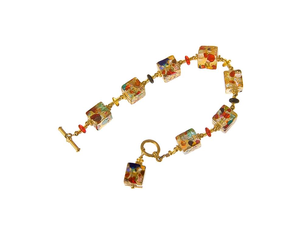 Harlequin Bracelet - Gold leaf, square Murano glass beads