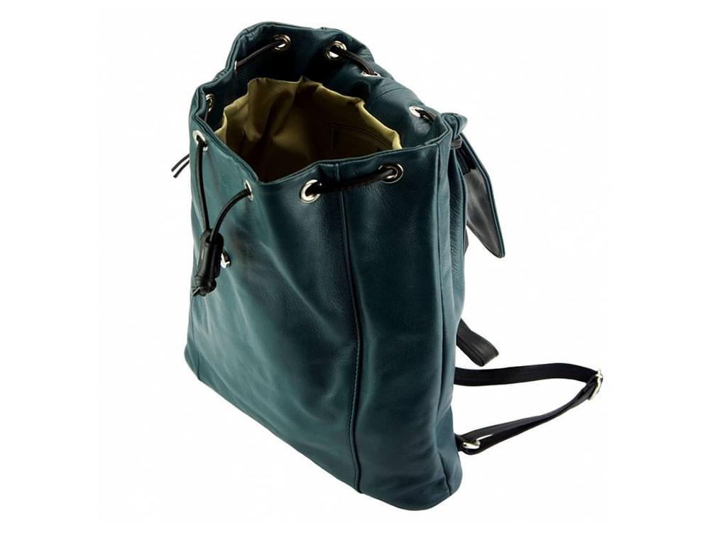 Lucca (dark turquoise/black) - the best leather backpack on the market - showing inside