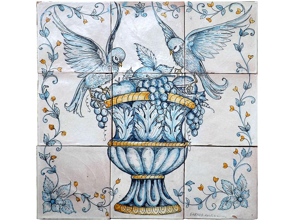 Birds with Fruit - Traditional, Sicilian ceramic tiles - a nine tile decorative panel