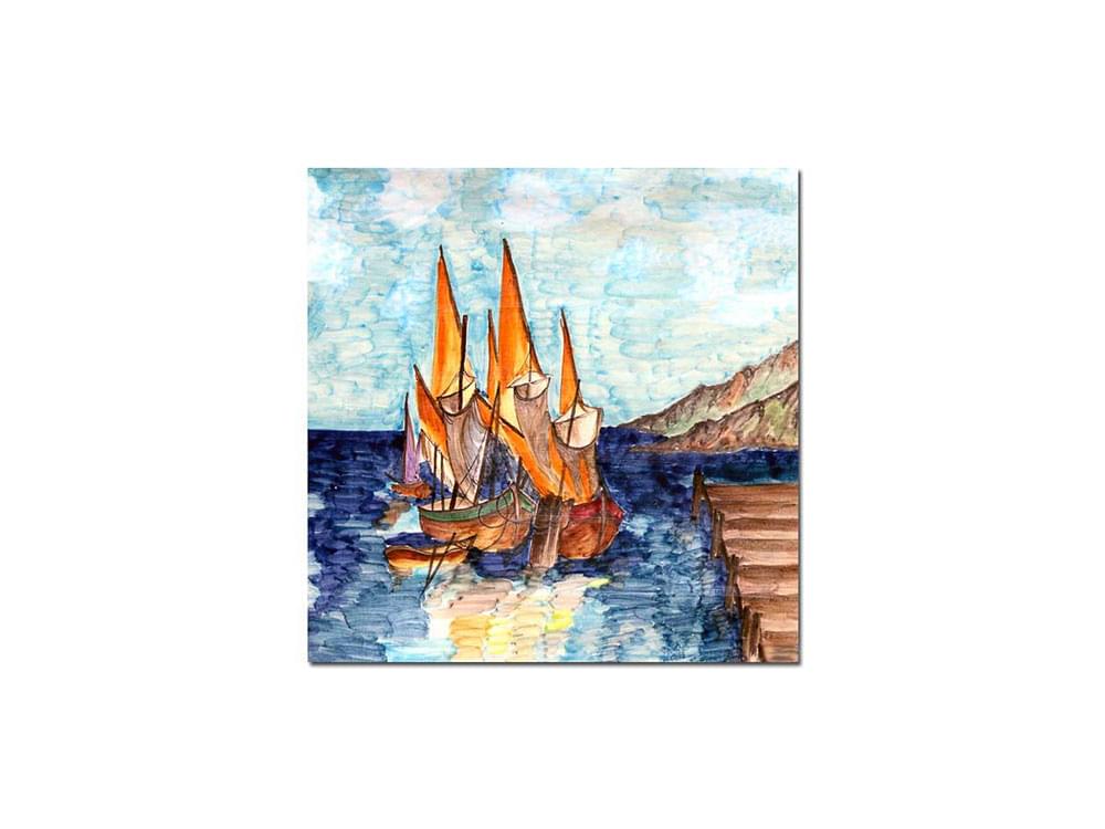 Sailing Boats - hand painted ceramic tile - 20cm x 20cm (7.87 inches x 7.87 inches)