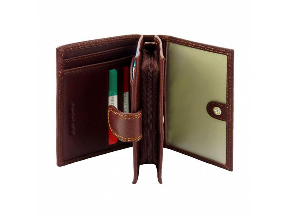 Gaia - small, neat Italian leather wallet - showing the central coin compartment and both side