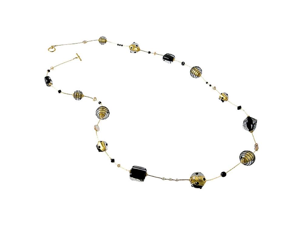 Galassia necklace, long - gold and black Murano glass beads
