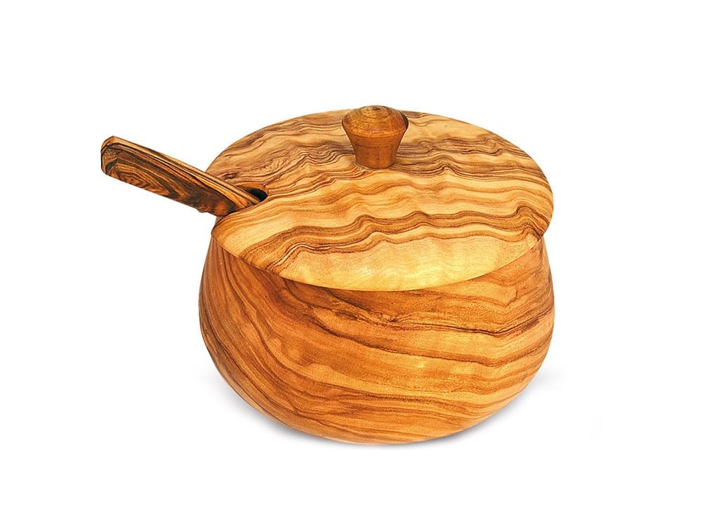 Parmesan cheese dish - olive wood bowl with lid and spoon