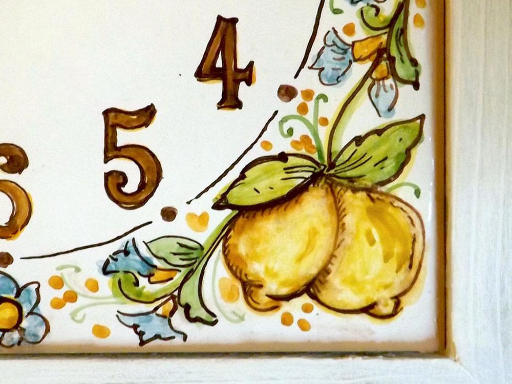 Lemon Clock - Ceramic and Wooden clock from Sicily - showing detail of the lemons and flowers
