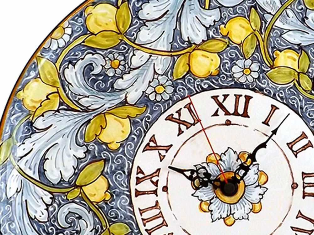 Blue Leaves and Lemons Clock - large ceramic wall clock from Sicily - detail of the intricate pattern