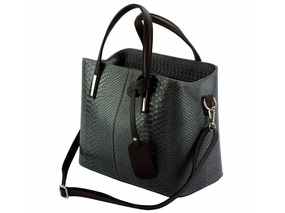 Bergamo (dark grey) - reptile print calfskin leather handbag - with the detachable shoulder strap