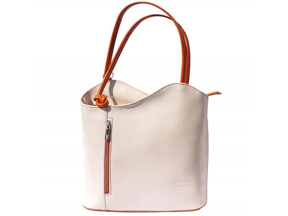 Capri - versatile handbag in rigid, cream and tan leather - front view