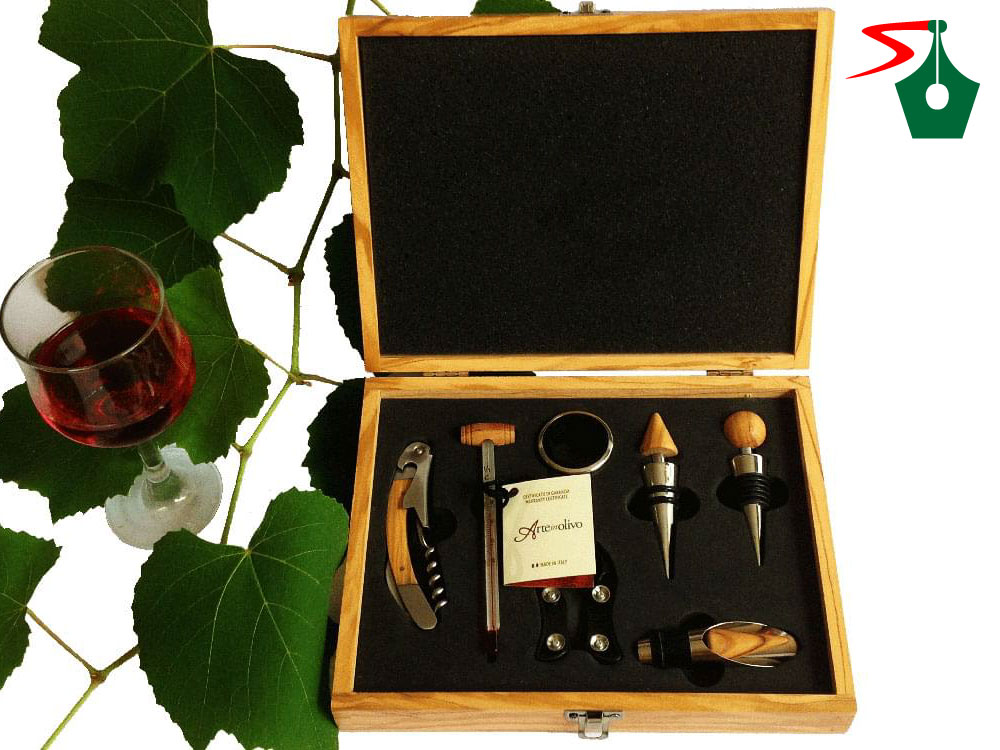 Seven Piece Sommelier Set - Hand carved Italian olive wood box