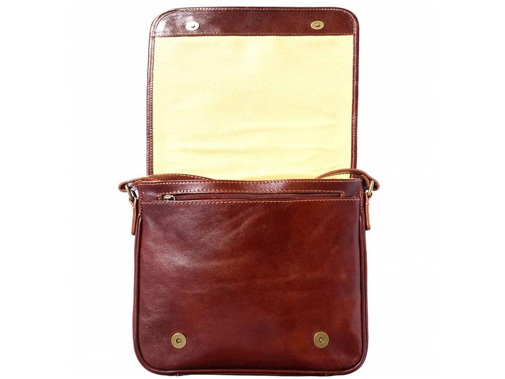 Nerola, Italian leather handmade messenger bag - with the flap open