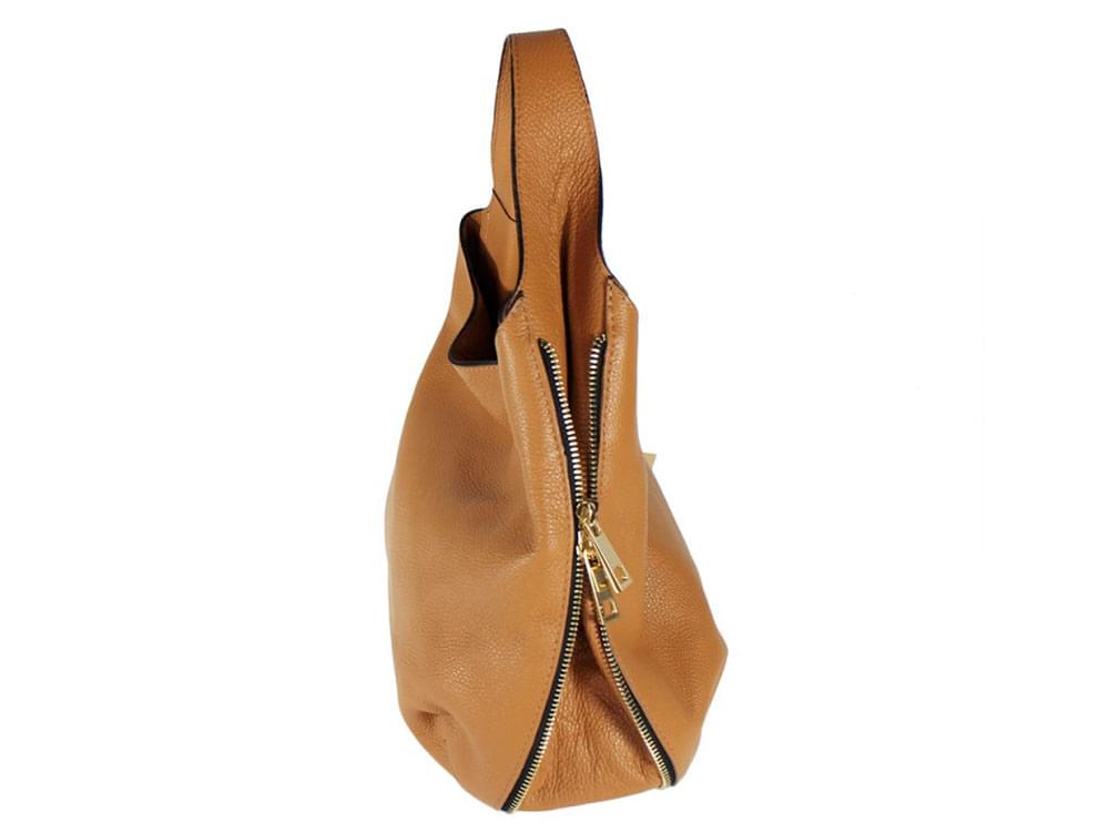 Rapallo - large, soft leather shoulder bag - side view showing the outside zips