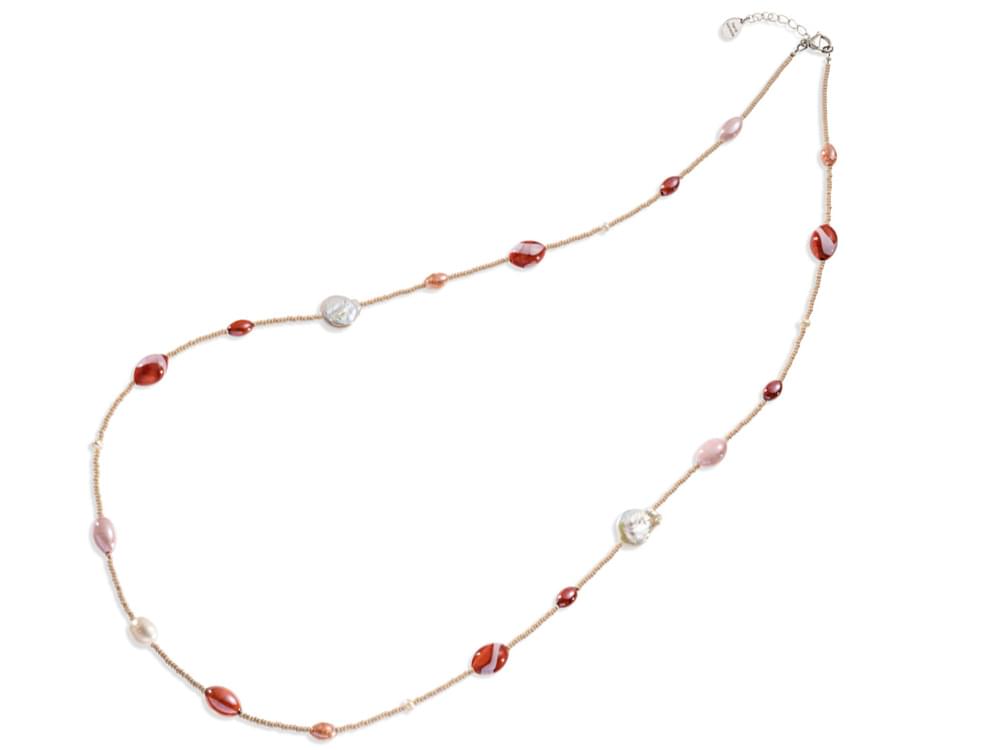 Capri Long Necklace (deep coral) - Murano glass and cultured pearl necklace