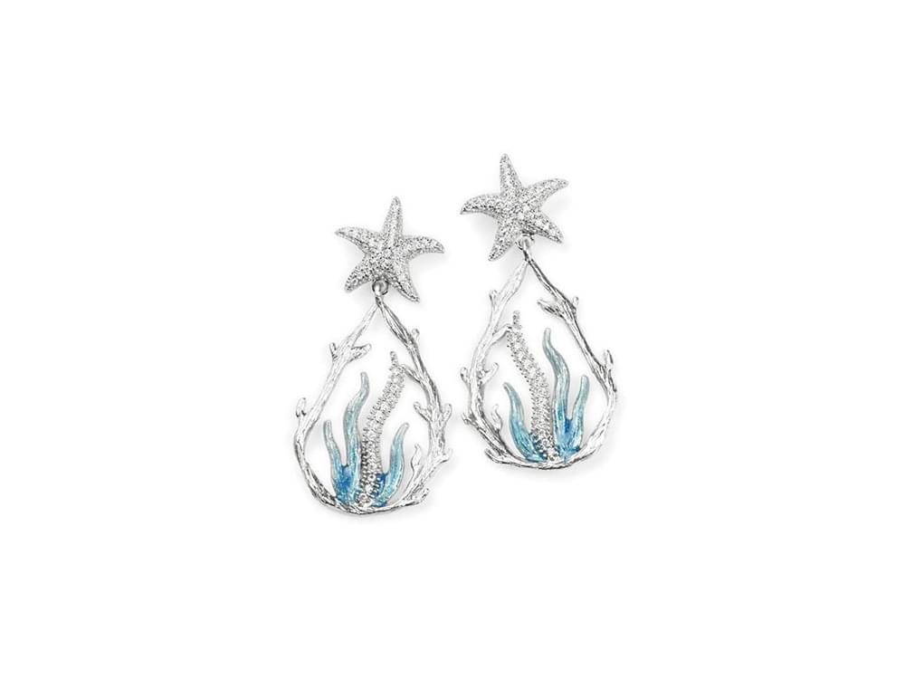Seagrass Earrings (blue) - Intricate sterling silver and enamel earrings